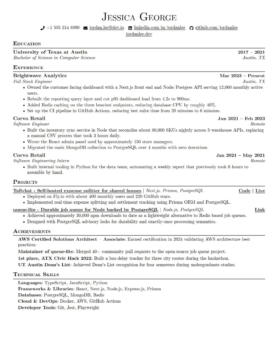 Example résumé for a full stack engineer