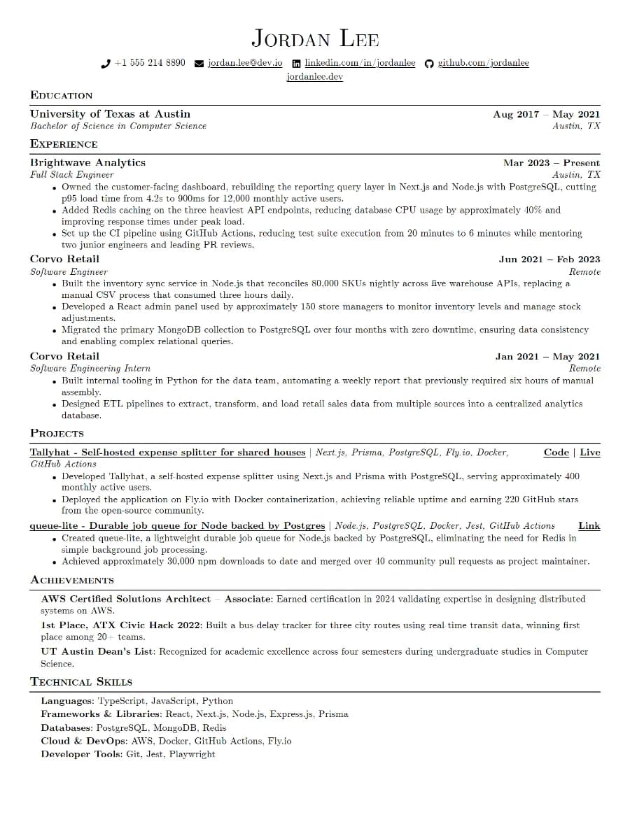 Example résumé for a senior full stack engineer